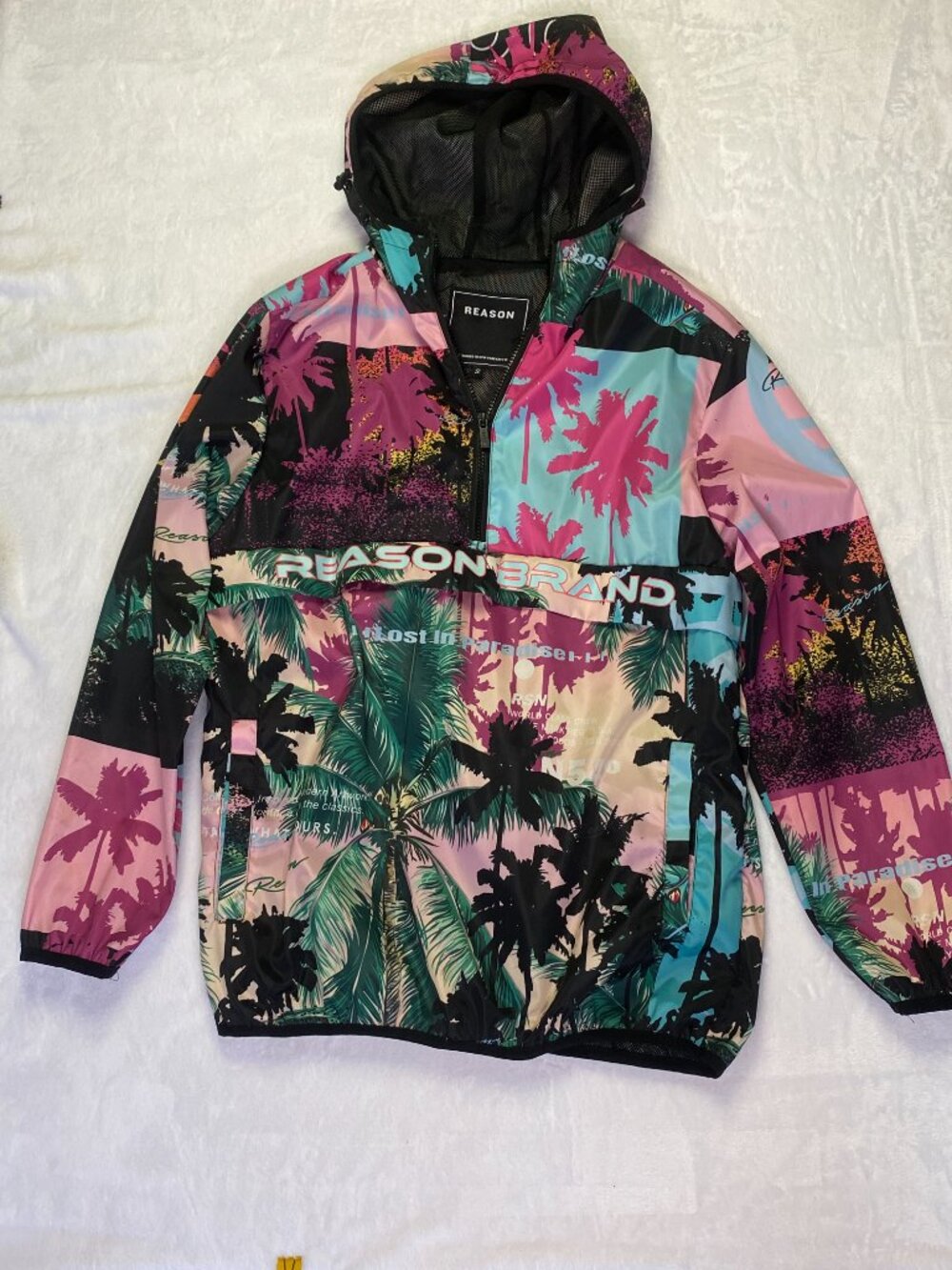 Reason Brand 1/2 Zip Black Lost In Paradise Hooded Windbreaker Rain Jacket Small